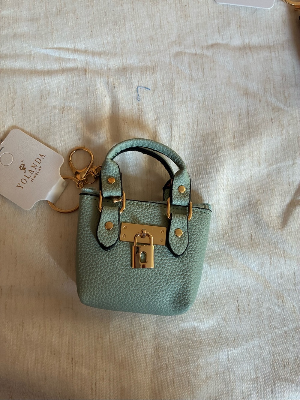 Yolanda Jewelry-Mint Mini Leather Tote Keychain with Gold Hardware 4x5”